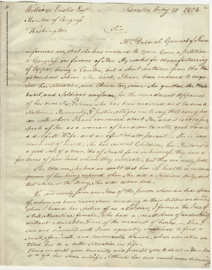 Letter from Paul Revere to William Eustis on behalf of Deborah Sampson, 1804