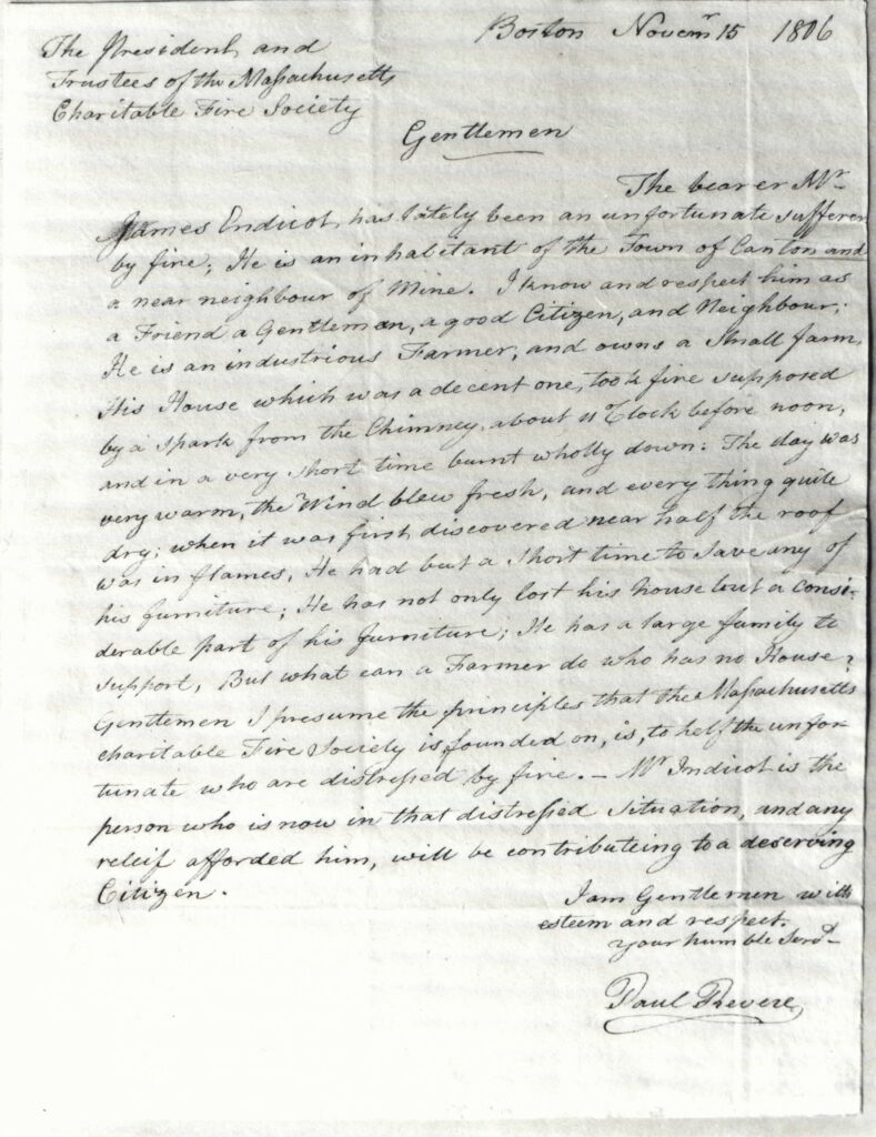 Letter from Paul Revere to Fire Society, 1806