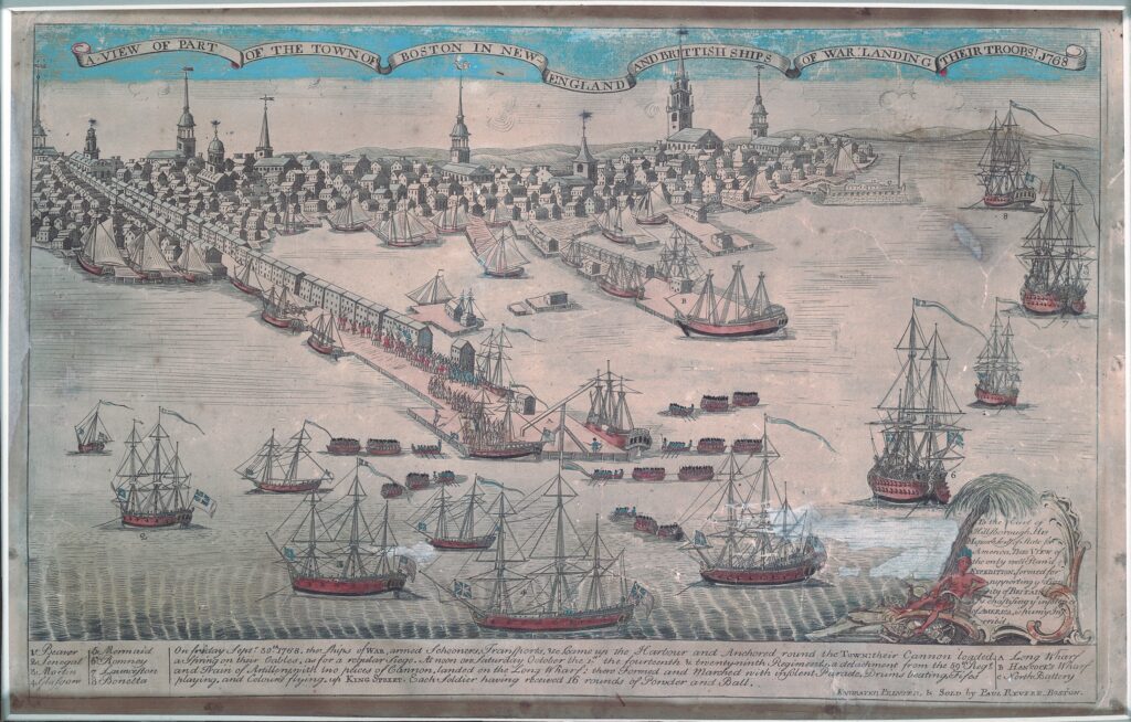 An engraving depicting Boston's waterfront and wharves from the ocean. Seven british warships and several smaller boats are in the foreground, and the church steeples of Boston can be seen in the background.