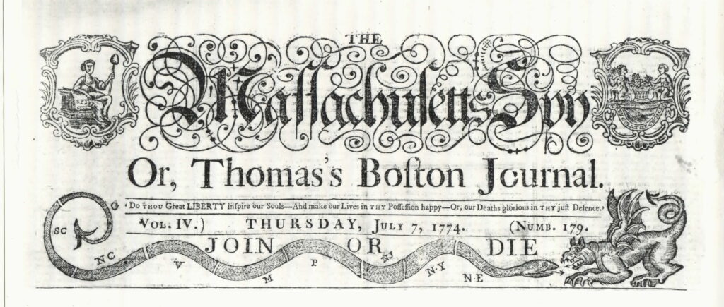 A decorative newspaper masthead which reads "The Massachusetts Spy, Or Thomas's Boston Journal" in ornate writing